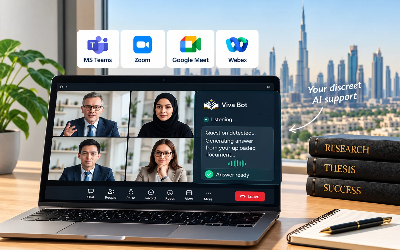A laptop in an online meeting with the assistant suggesting an answer from the uploaded document